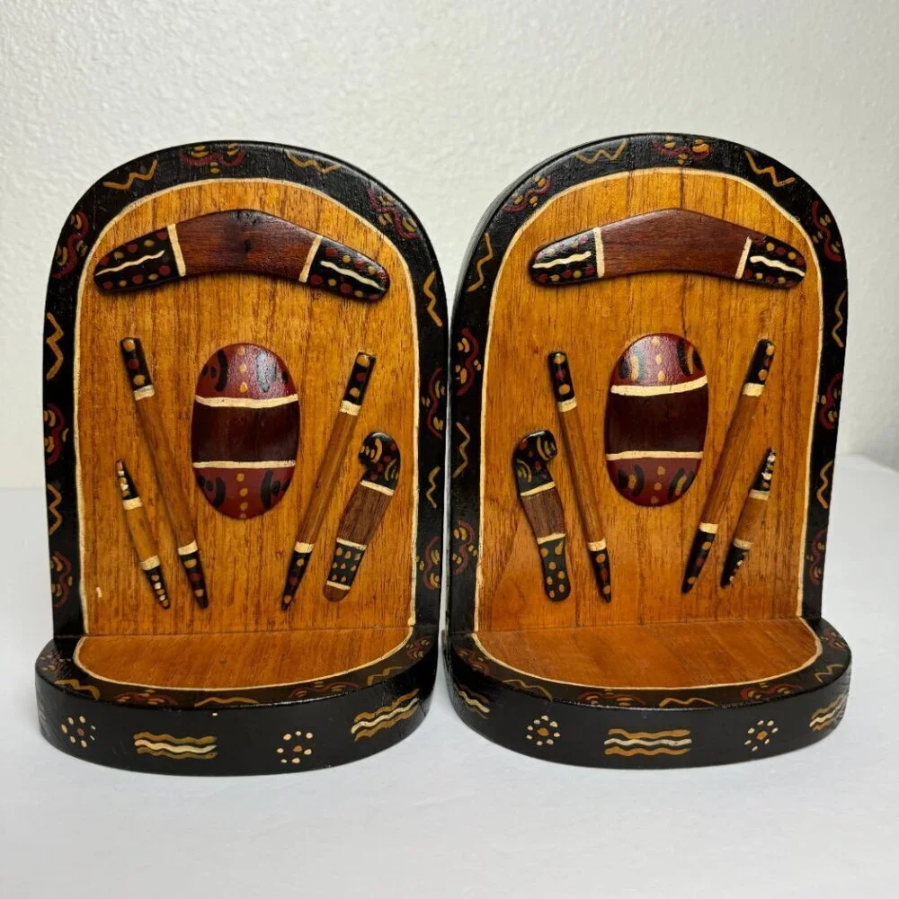 Vintage Hand Carved Wooden Australian Bookends Aboriginal Art